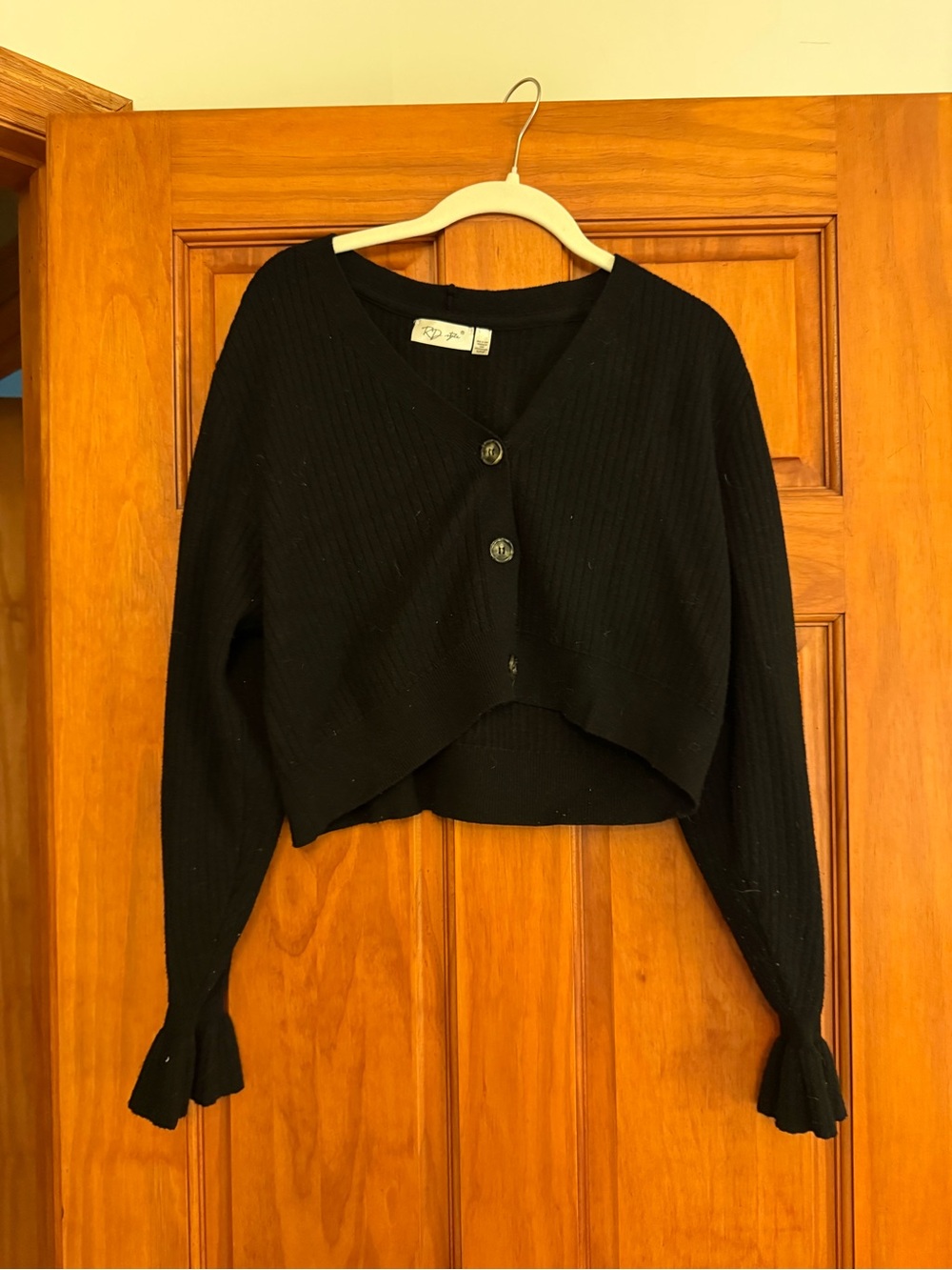Black Cropped Rib-Knit Button Cardigan
